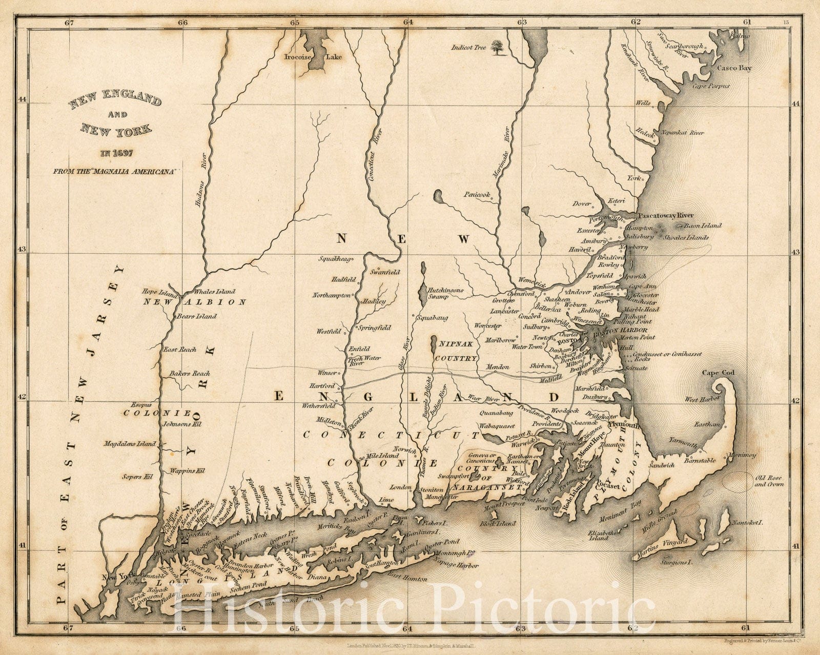 Historical Map, New England and New York in 1697, Vintage Wall Art