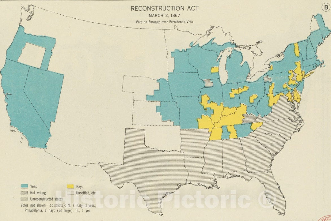 Historical Map, Reconstruction Act, March 2, 1867, Vote on passage over President's veto, Vintage Wall Art