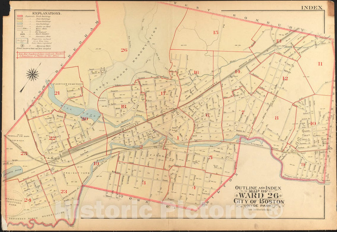 Historical Map, 1912 Outline and Index map of Ward 26, City of Boston, Hyde Park, Vintage Wall Art