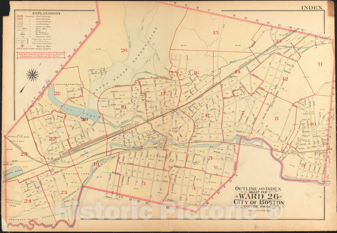 Historical Map, 1912 Outline and Index map of Ward 26, City of Boston, Hyde Park, Vintage Wall Art