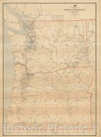 Historical Map, 1891 Post route map of the states of Oregon and Washington with adjacent states of Idaho, Nevada, California and British Columbia, Vintage Wall Art