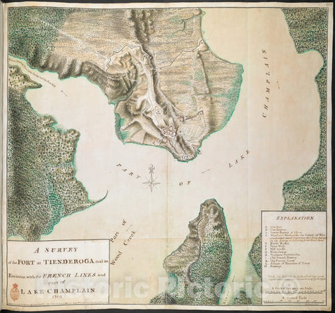 Historical Map, A Survey of The Fort at TIENDEROGA and its Environs, with The French Lines and Part of Lake Champlain 1759, Vintage Wall Art