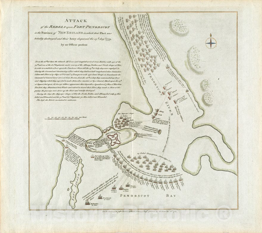 Historical Map, 1785 Attack of the rebels upon Fort Penobscot in the province of New England in which their fleet was totally destroyed and their Army dispersed the 14th Augst. 1779 Vintage Wall Art