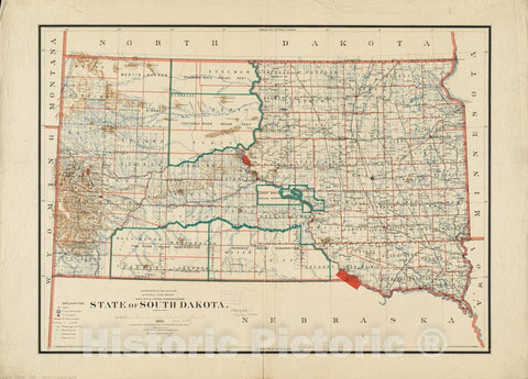 Historical Map, 1892 State of South Dakota, Vintage Wall Art