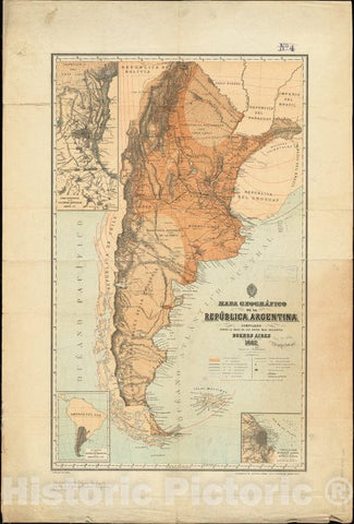 Historical Map, 1883 Mapa geograIfico de la Republica Argentina : compilado sobre la base de los datos mas recientes, Vintage Wall Art