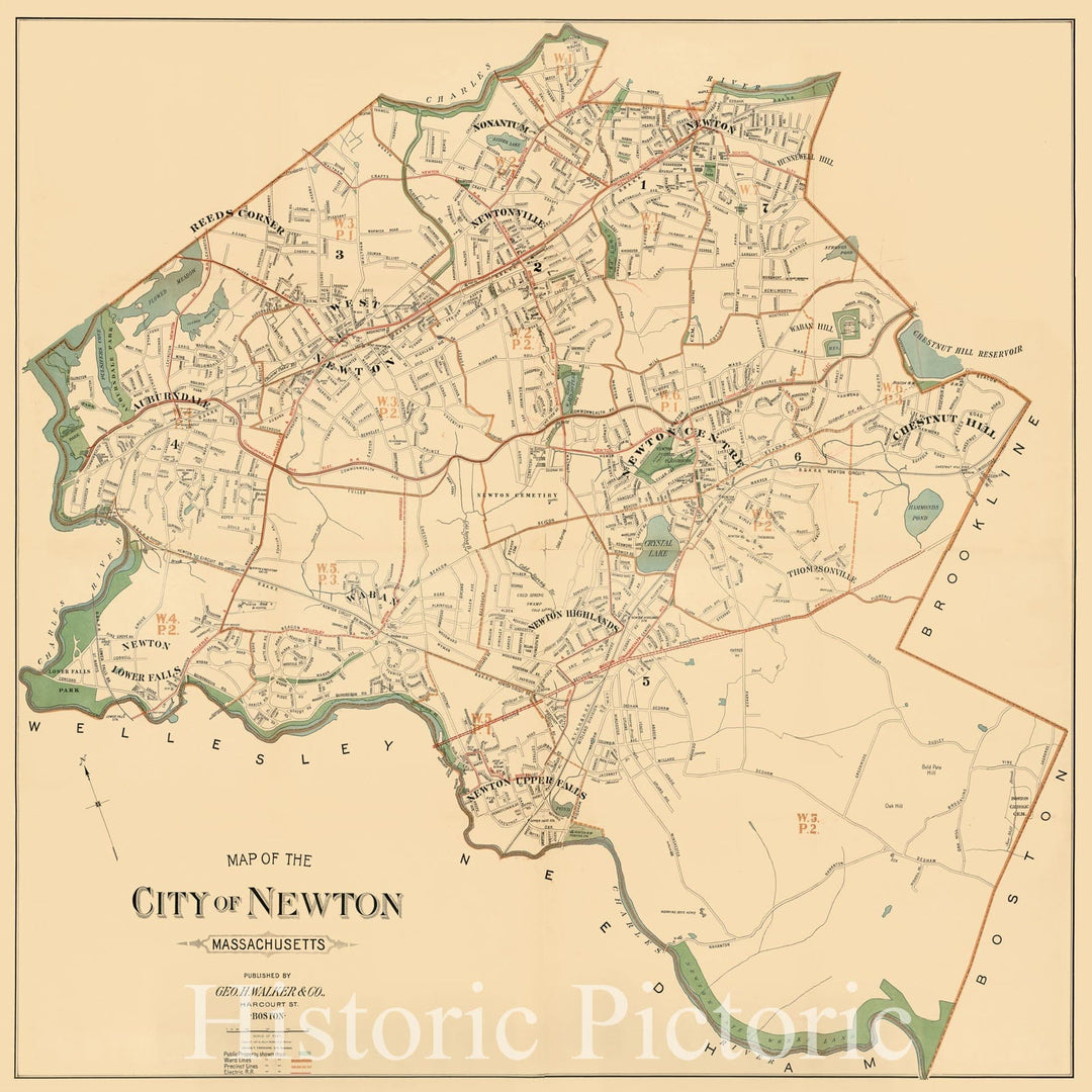 Historical Map, ca. 1901 Map of The City of Newton Massachusetts, Vintage Wall Art