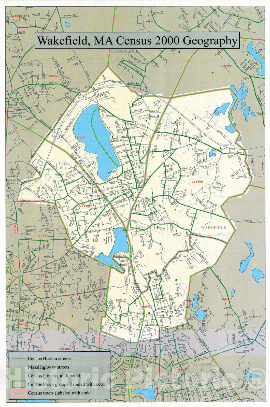Historical Map, 2000 Census Tract Outline maps : Wakefield, MA : (Census 2000), Vintage Wall Art