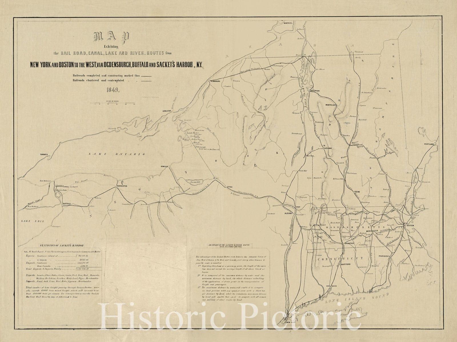 Historical Map, 1849 Map exhibiting The Rail Road, Canal, Lake and Riv ...