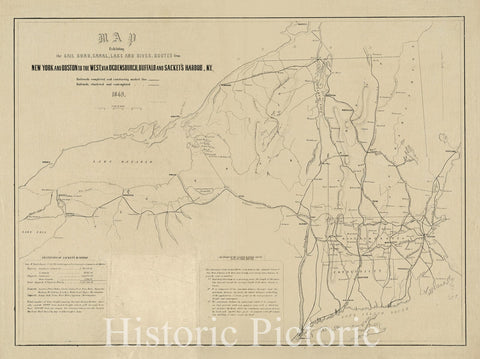 Historical Map, 1849 Map exhibiting The Rail Road, Canal, Lake and River Routes from New York and Boston to The west, via Ogdensburgh, Buffalo and Sacket's Harbor, N.Y, Vintage Wall Art