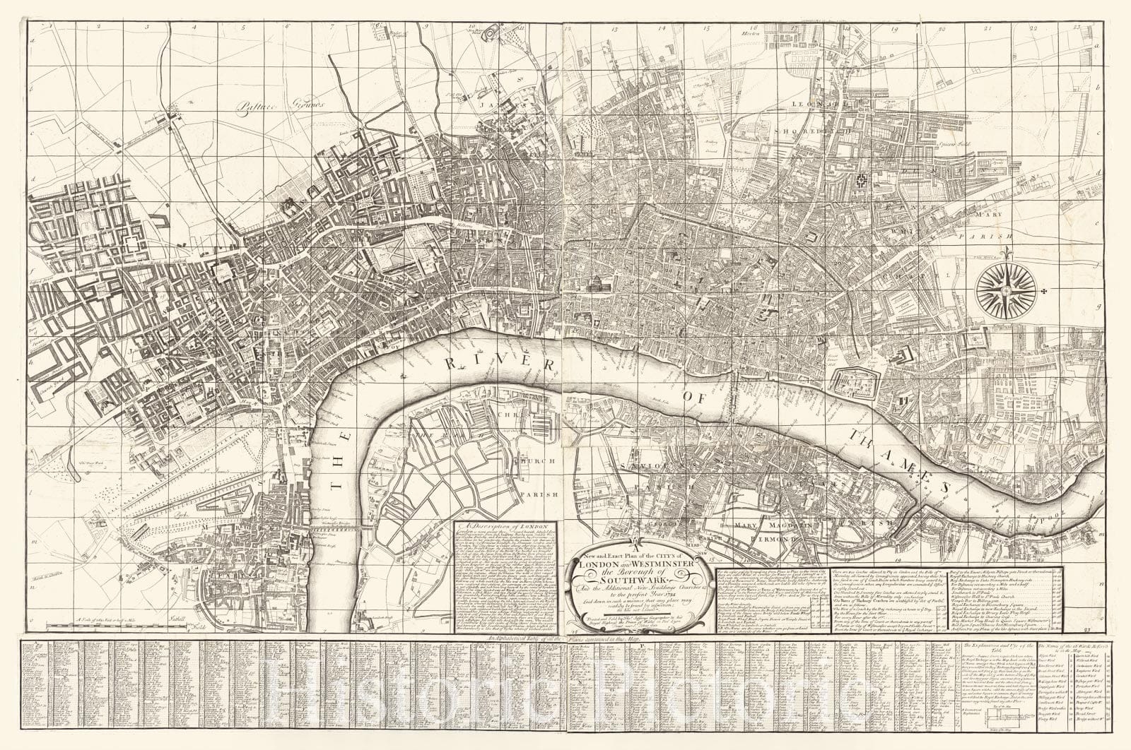 Historical Map, 1735 A New and Exact Plan of The city's of London and Westminster, The Borough of Southwark : and The Additional New Buildings, Churches, Vintage Wall Art