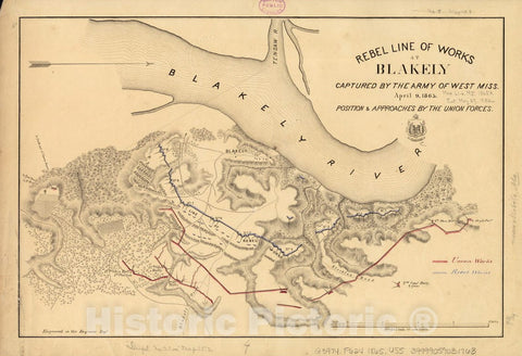 Historical Map, Rebel line of Works at Blakely Captured by The Army of West Miss, April 9, 1865, Vintage Wall Art