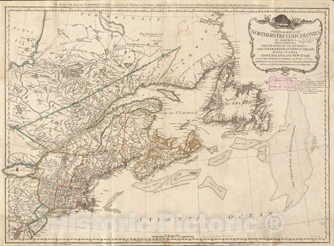 Historical Map, 1776 A General map of The Northern British Colonies in America : which comprehends The Province of Quebec, The Government of Newfoundland, Nova-Scotia, Vintage Wall Art