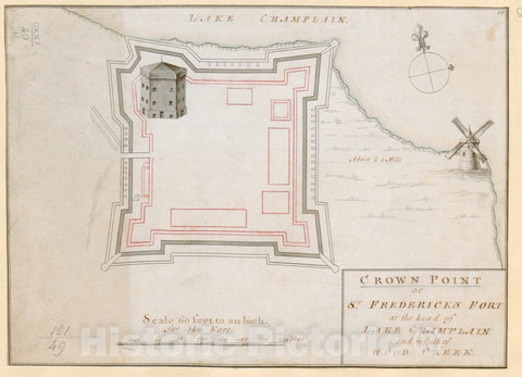Historical Map, 1759 Crown Point or ST. FREDERICK'S Fort at The Head of Lake Champlain and The Mouth of Wood Creek, Vintage Wall Art