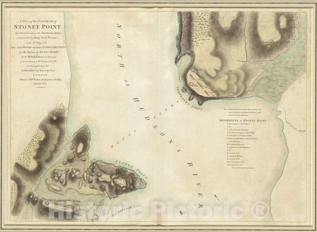 Historical Map, 1784 A Plan of the surprise of Stoney Point, by a detachment of the American army commanded by Brigr. Genl. Wayne, on the 15th July 1779, Vintage Wall Art