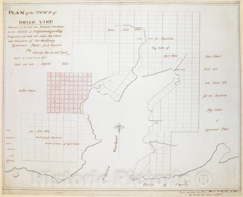 Historical Map, 1785 Plan of The Town of Belle VIEU situated on The East Side Beaver Harbour in The District of Passamaquoddy, Vintage Wall Art