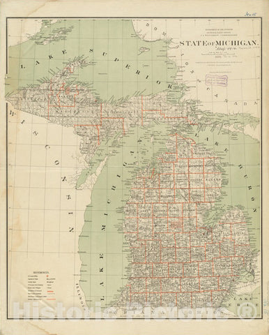 Historical Map, 1878 State of Michigan, Vintage Wall Art