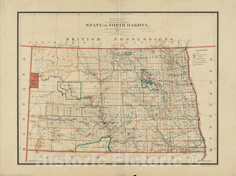 Historical Map, 1892 State of North Dakota, Vintage Wall Art