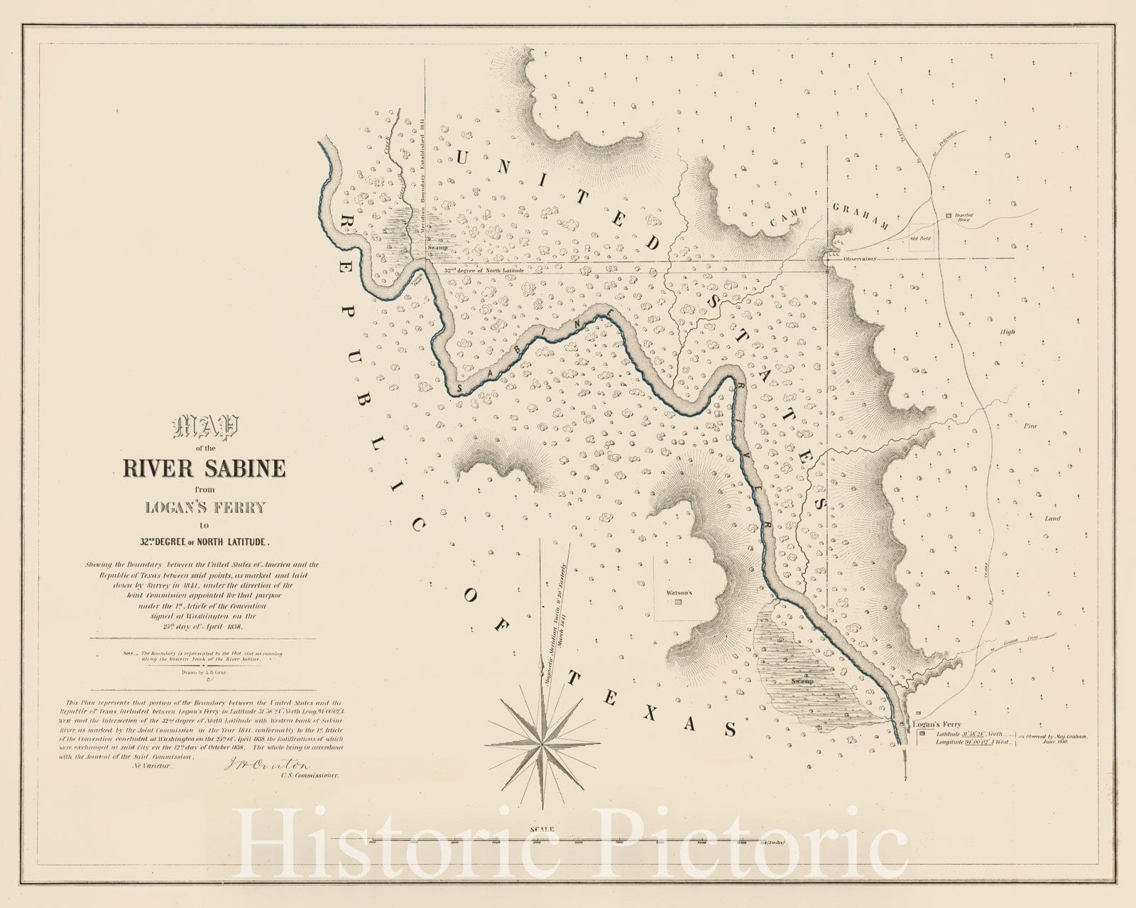 Historical Map, 1842 Map of The River Sabine from Logan's Ferry to 32nd Degree of North Latitude : shewing The Boundary Between The United States of America, Vintage Wall Art
