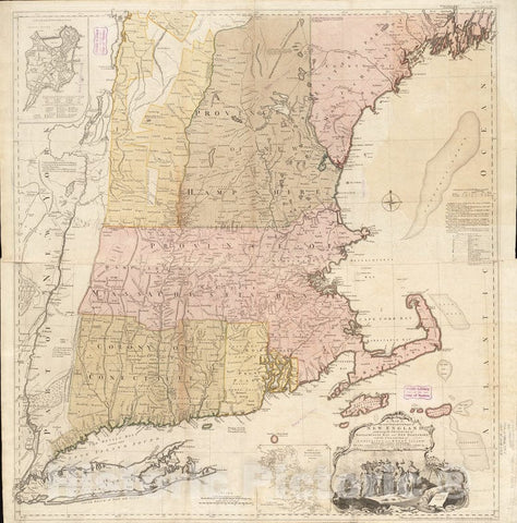 Historical Map, 1774 A map of The Most inhabited Part of New England : containing The Provinces of Massachusets Bay and New Hampshire, with The Colonies, Vintage Wall Art