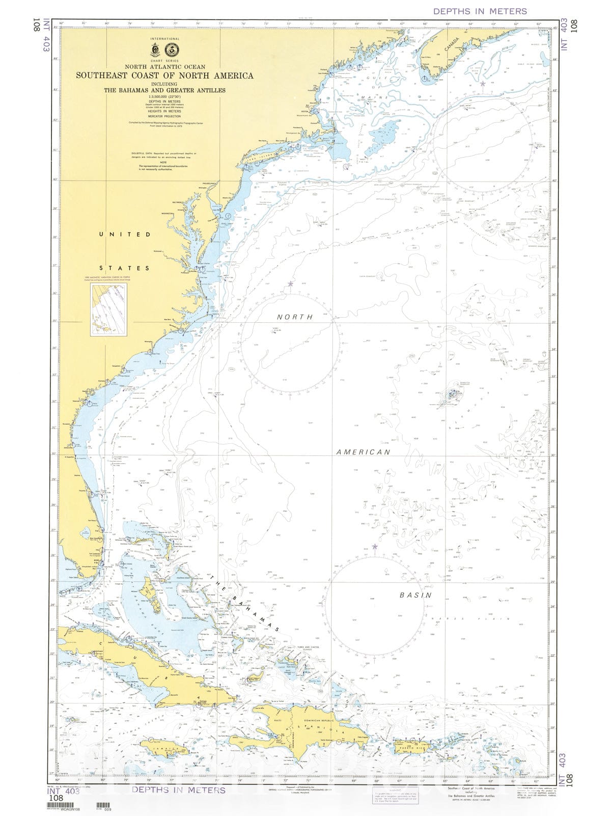 Historical Map, 1994 North Atlantic Ocean, Southeast Coast of North America, Including The Bahamas and Greater Antilles, Vintage Wall Art