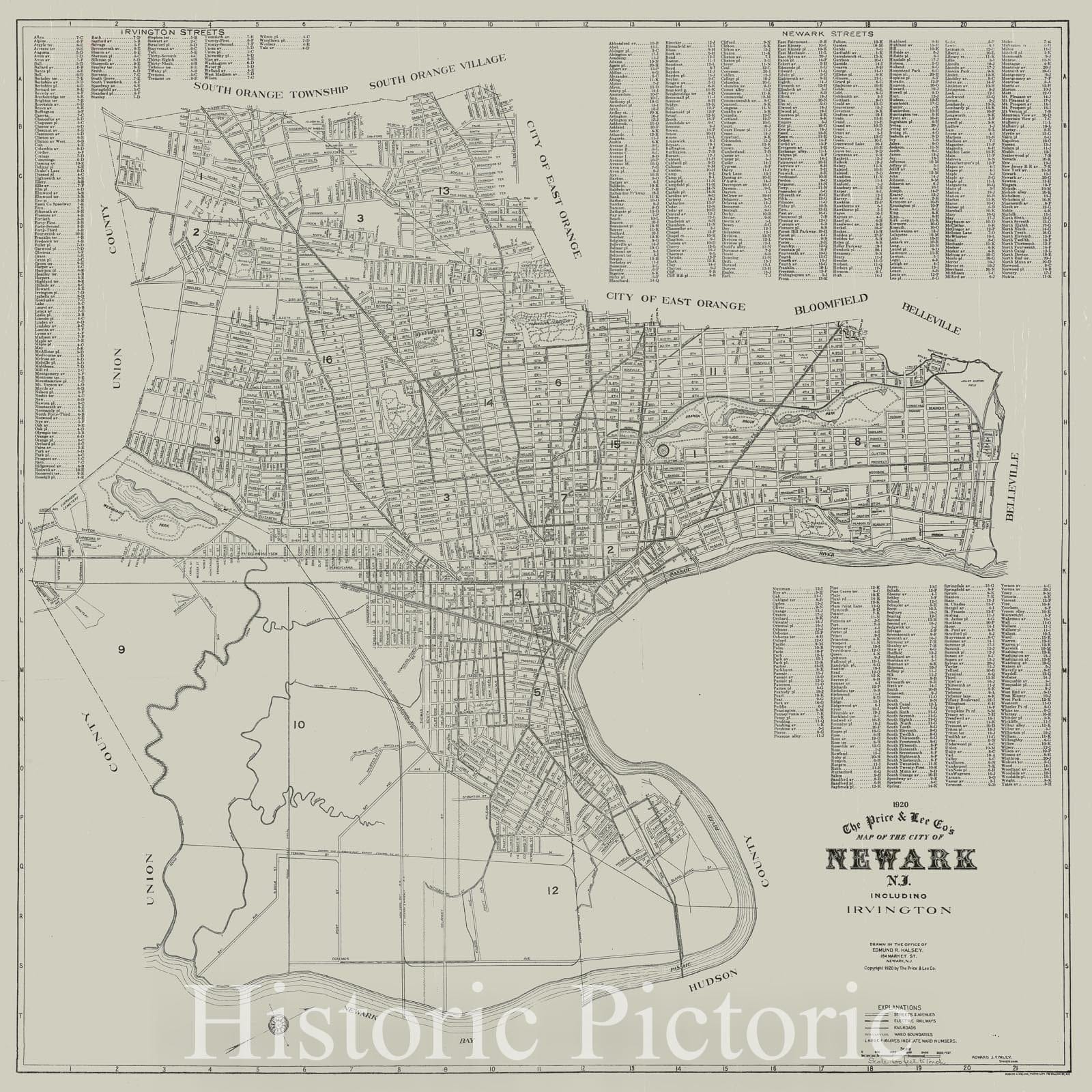 Historical Map, 1920 The Price & Lee Co's map of The City of Newark, N.J. Including Irvington, Vintage Wall Art
