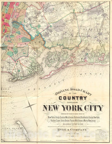 Historical Map, 1890 Driving Road Chart of The Country Surrounding New York City : embracing The Counties (or portions thereof) of New York, Kings, Queens, Vintage Wall Art
