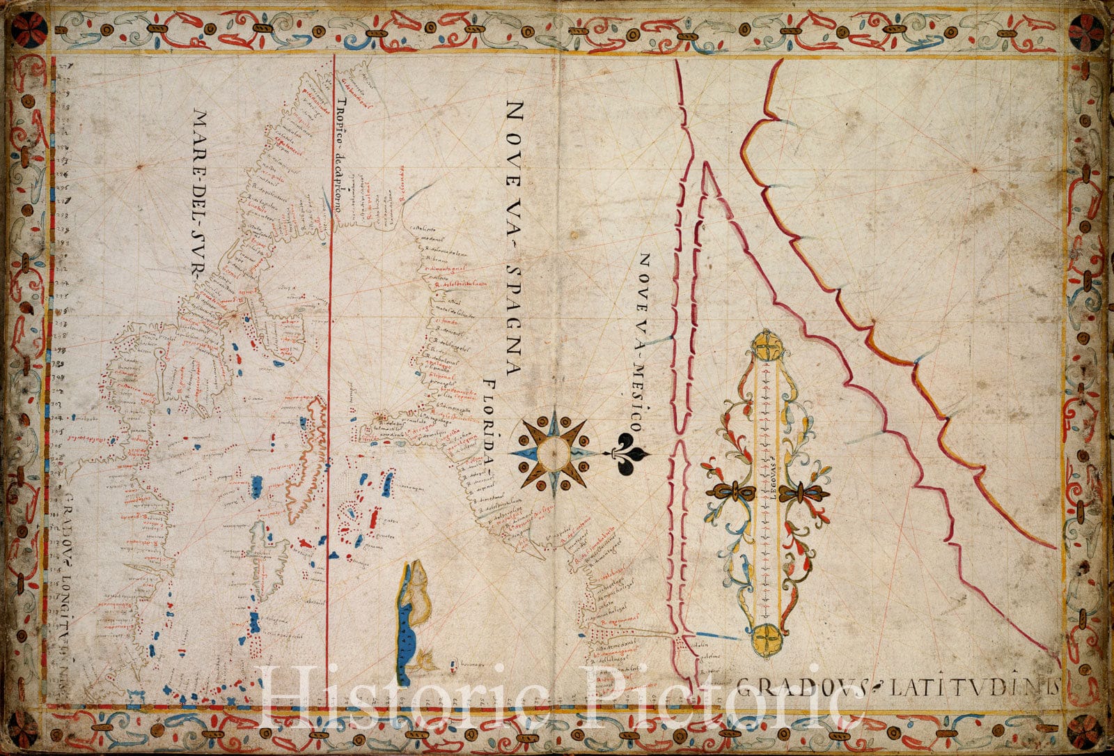 Historical Map, ca. 1620 North American and Caribbean area, Vintage Wa ...