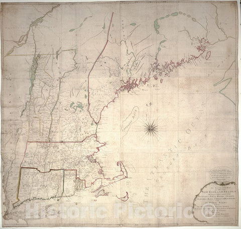 Historical Map, 1785 an Accurate map of The Four New England States : shewing in a Distinct Manner All The Mountains, forts, Rivers, swamps, marshes, Bays, Creek, Vintage Wall Art