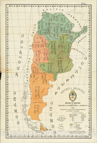 Historical Map, 1914 Republica Argentina : superficie, poblacioIn, Ferro-carriles, cultivos y ganados, Vintage Wall Art
