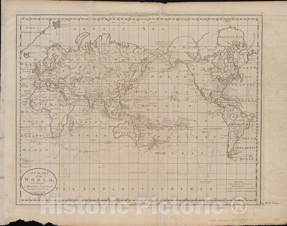 Historical Map, 1800 A Chart of The World, According to Mercators Projection, shewing The Latest Discoveries of Capt. Cook, Vintage Wall Art