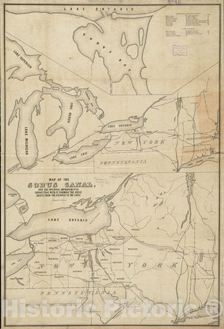 Historical Map, 1850-1859 Map of The Sodus Canal, and The Internal improvements Connecting with it Forming The Great Route from The Atlantic to The Lakes, Vintage Wall Art