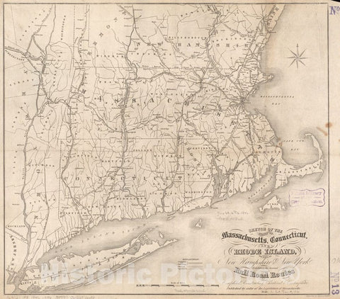 Historical Map, 1846 Sketch of The States of Massachusetts, Connecticut, and Rhode Island, and Parts of New Hampshire & New York exhibiting The Several Rail Road, Vintage Wall Art