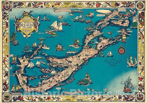 Historical Map, 1930 A map of the Bermuda Islands : ya des demonios, isles of the devils, Vintage Wall Art