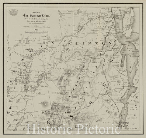 Historical Map, 1869 Map of the Saranac Lakes : prepared from Dr. Ely's large pocket map of the New York wilderness for D.L. Fouquet & Son, Vintage Wall Art