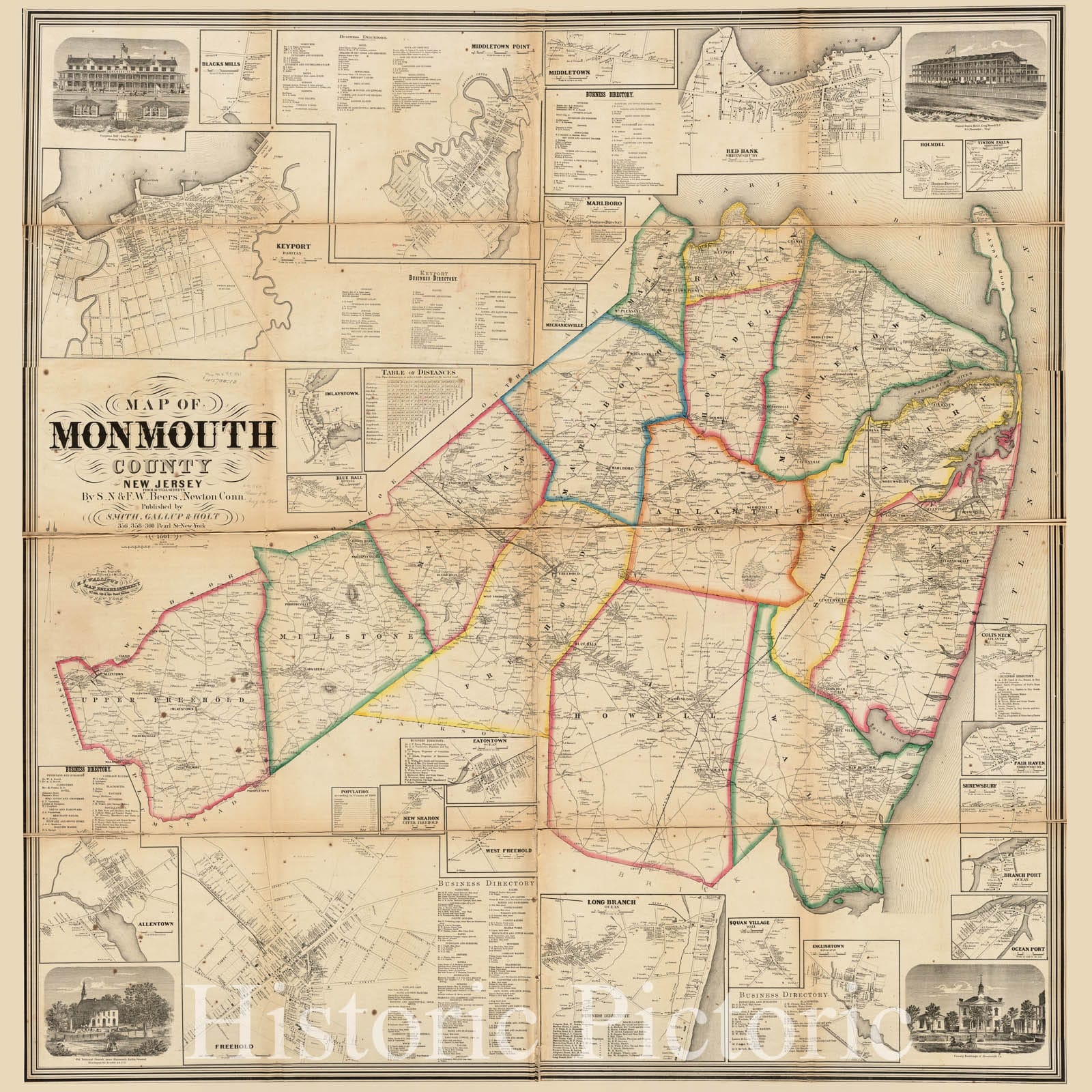 Historical Map, 1861 Map of Monmouth County, New Jersey, Vintage Wall Art