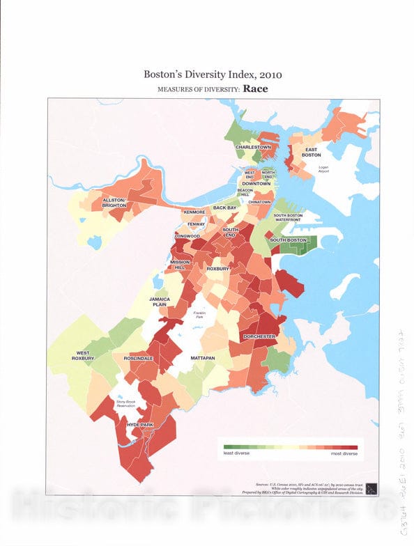 Historical Map, 2014 Boston's Diversity Index, 2010 : Measures of Diversity : Race, Vintage Wall Art