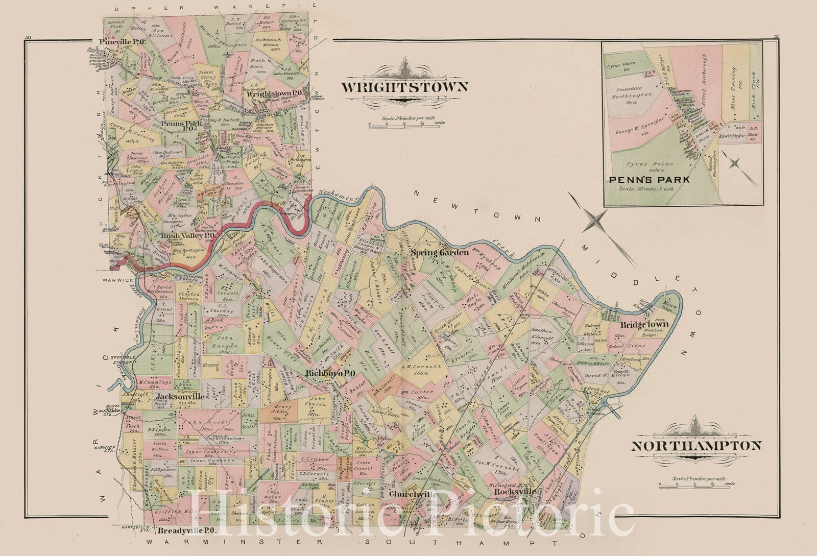 Historic 1891 Map - Atlas of Bucks Co, Penna. - Wrightstown; Northhampton - Atlas of Bucks County, Pennsylvania