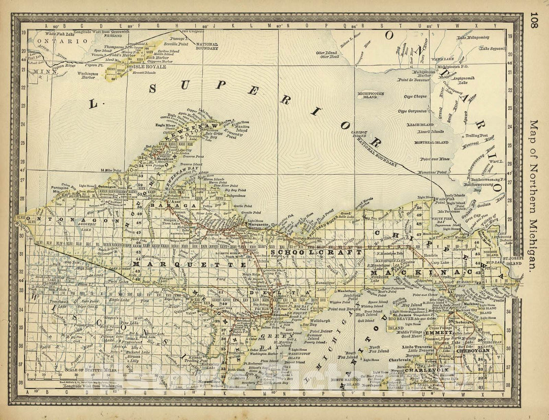 Historic 1882 Map - Historical Hand-Atlas, Illustrated - Map of Northern Michigan - Historical Hand Atlas, Illustrated, General & Local
