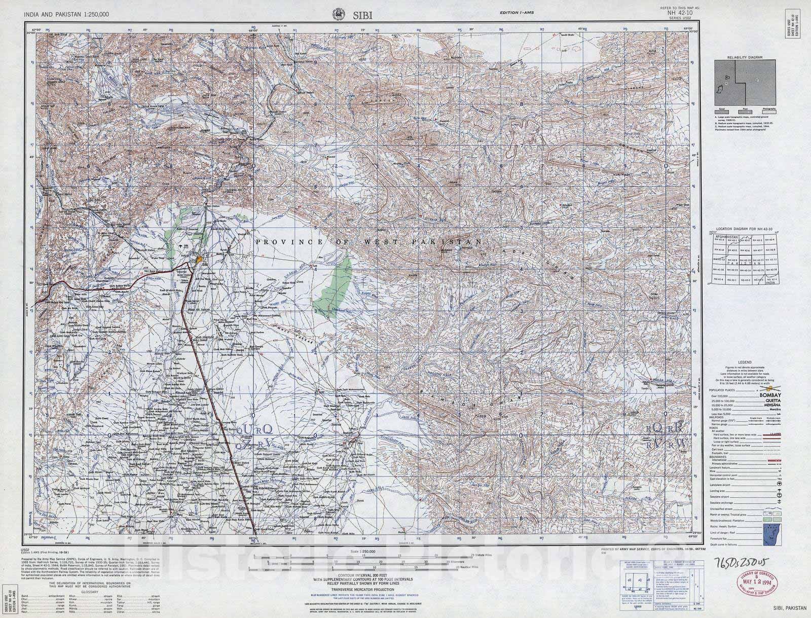 Historic 1955 Map - India and Pakistan 1:250,000. - Sibi, Pakistan 195 ...