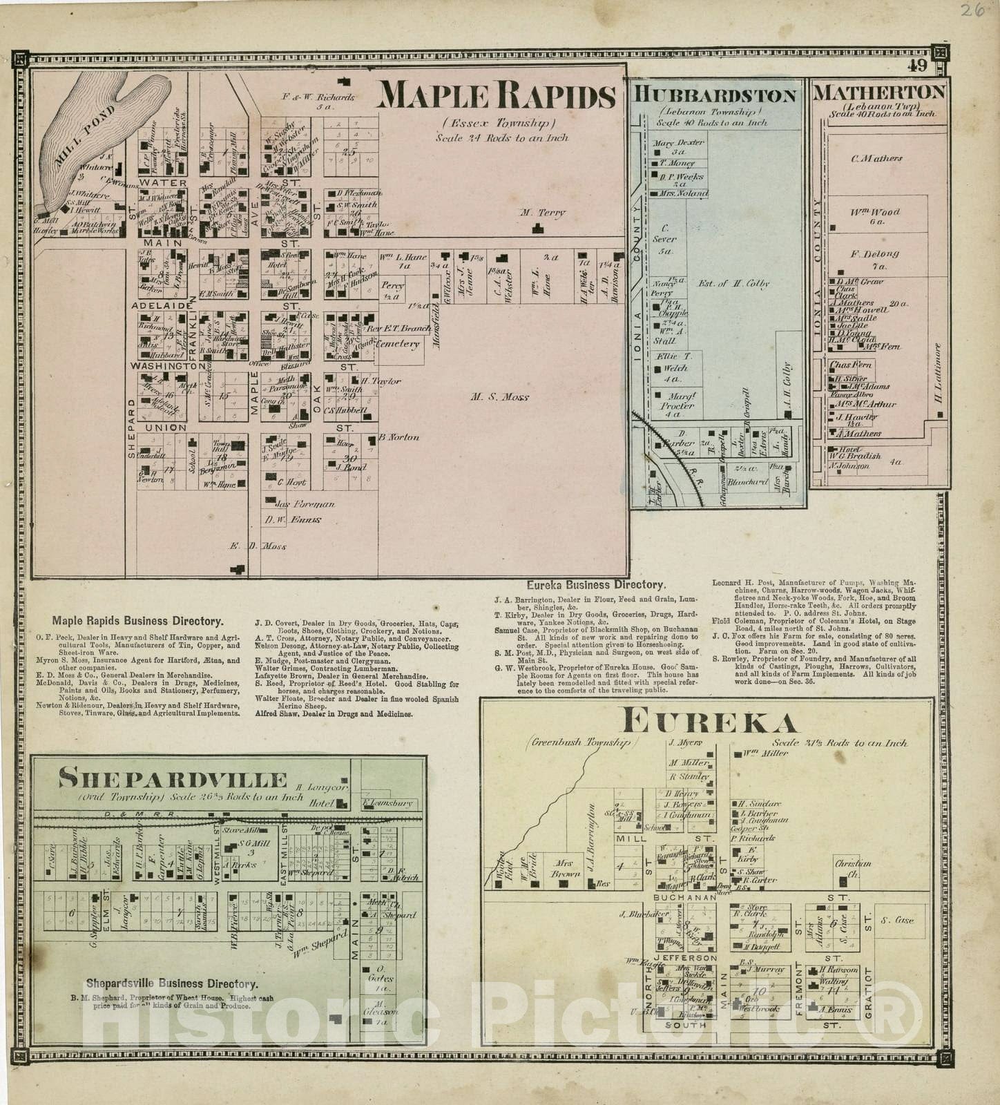 Historic 1873 Map - Atlas of Clinton County, Michigan - Maple Rapids; Hubbardston; Matherton; Shepardville; Eureka