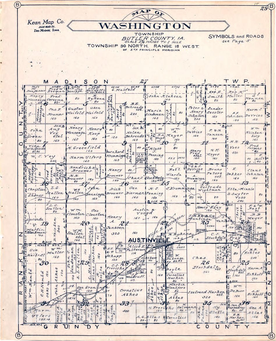 Historic 1930 Map - Atlas of Butler County, Iowa. - Map of Washington Township Butler County, Iowa