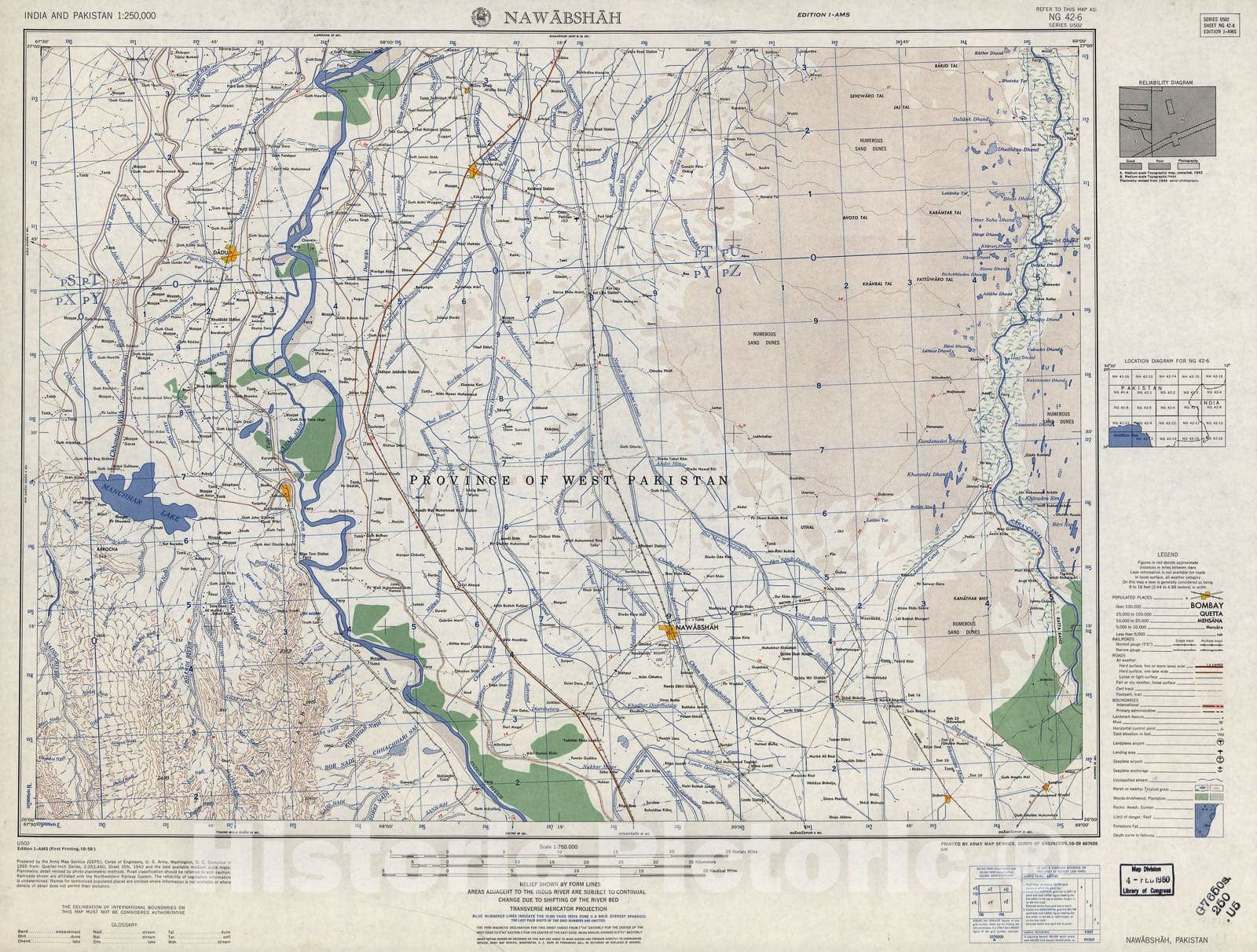 Historic 1955 Map - India and Pakistan 1:250,000. - Nawabshah, Pakistan 1959