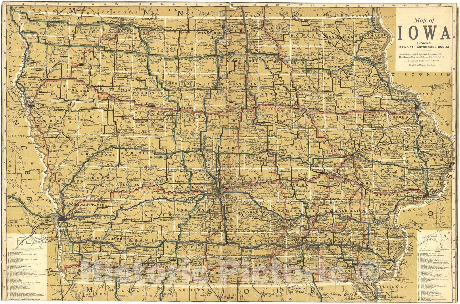 Historic 1920 Map - Atlas of Ida County, Iowa - Map of Iowa Showing Principal Automobile Routes