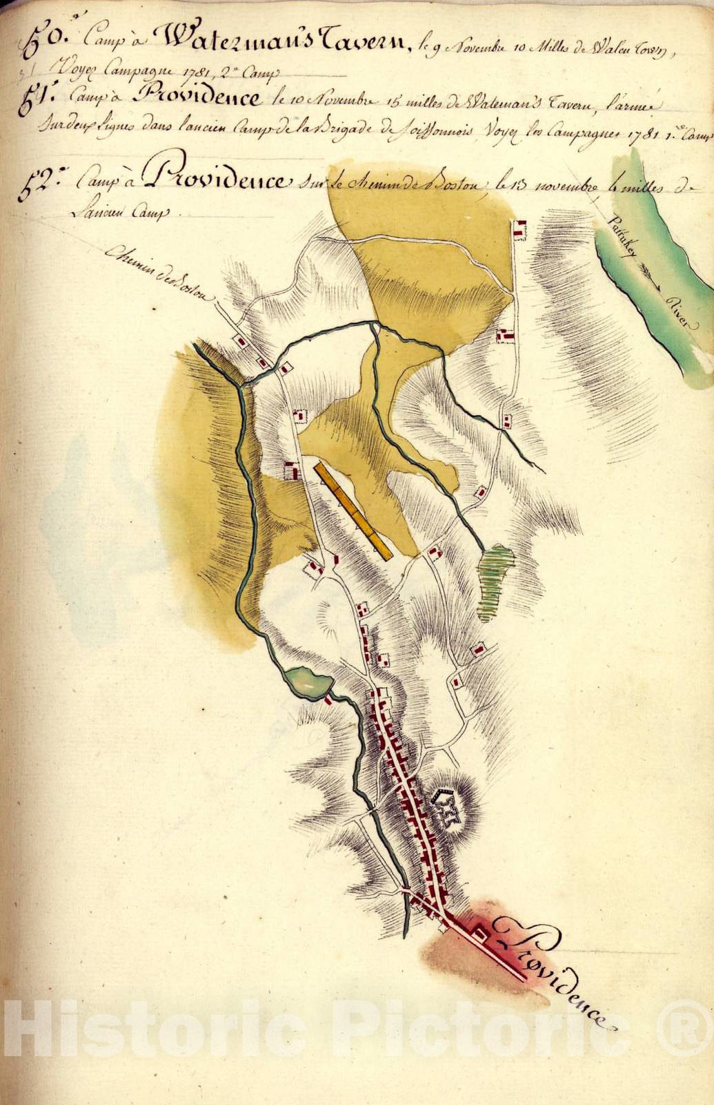 Historic 1782 Map - AmÃ©rique campagne. - Camp a Waterman's Tavern Camp a Providence Camp a Providence sur le chemin d