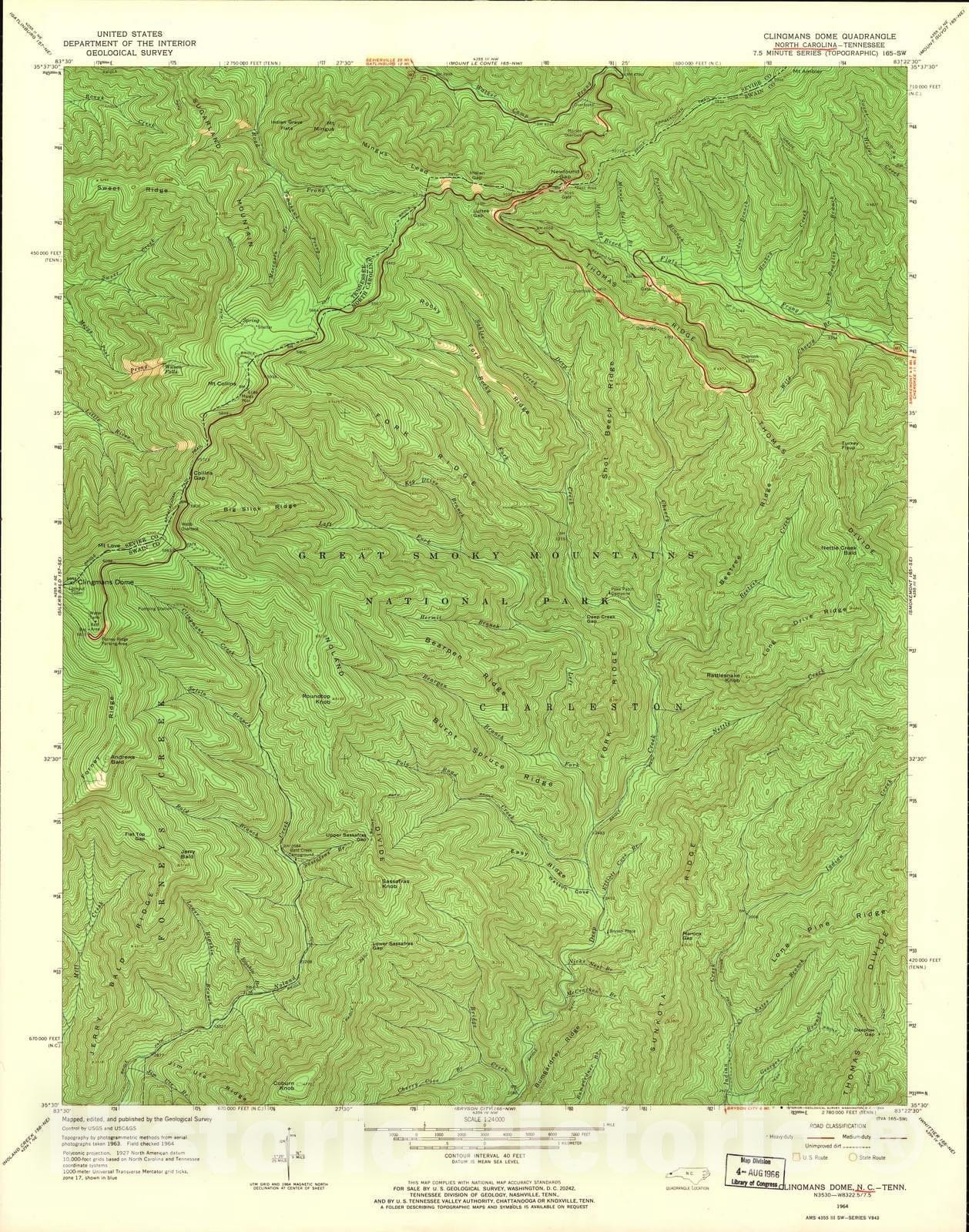 Historic 1935 Map - North Carolina. - Scale 1:24,000 (1964) - Clingmans Dome