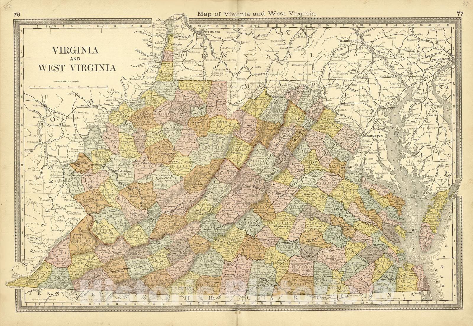 Historic 1881 Map - Historical Hand-Atlas, Illustrated - Map of Virginia and West Virginia - Historical Hand Atlas, Illustrated, General & Local