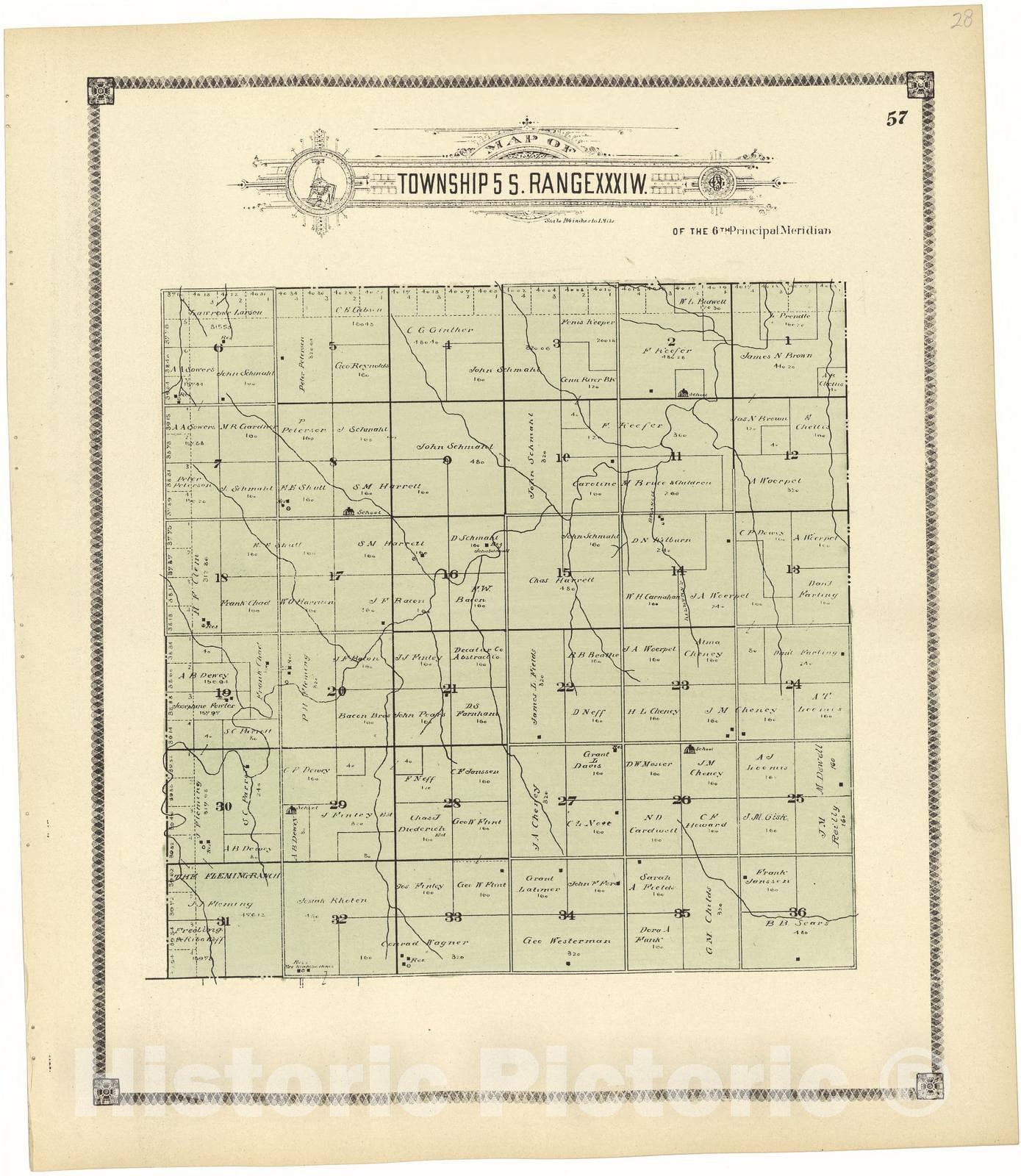 Historic 1906 Map - Standard Atlas of Rawlins County, Kansas - Map of Township 5 S. Range XXXV W.