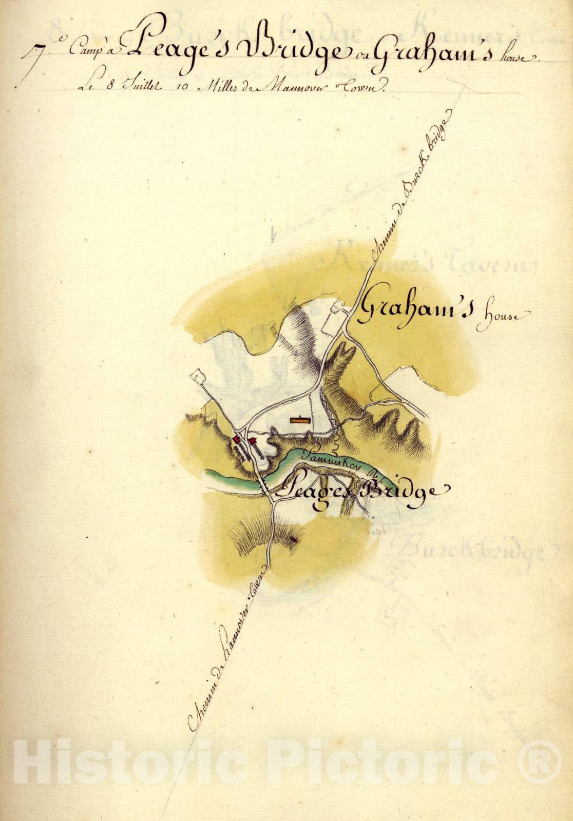 Historic 1782 Map - AmÃ©rique campagne. - Camp a Peage's Bridge au Graham's House