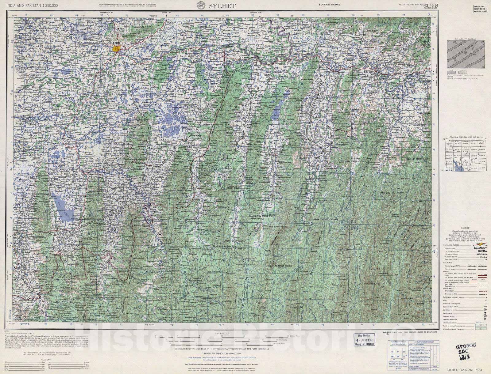 Historic 1955 Map - India and Pakistan 1:250,000. - Sylhet, Pakistan, India 1960