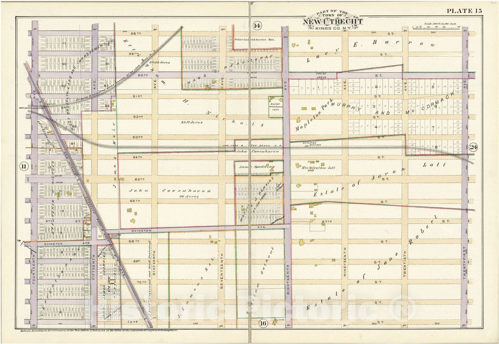 Historic 1890 Map - Robinson's Atlas of Kings County, New York - Plate 15 - Part of The Town of New Utrecht, Kings Co, N.Y.